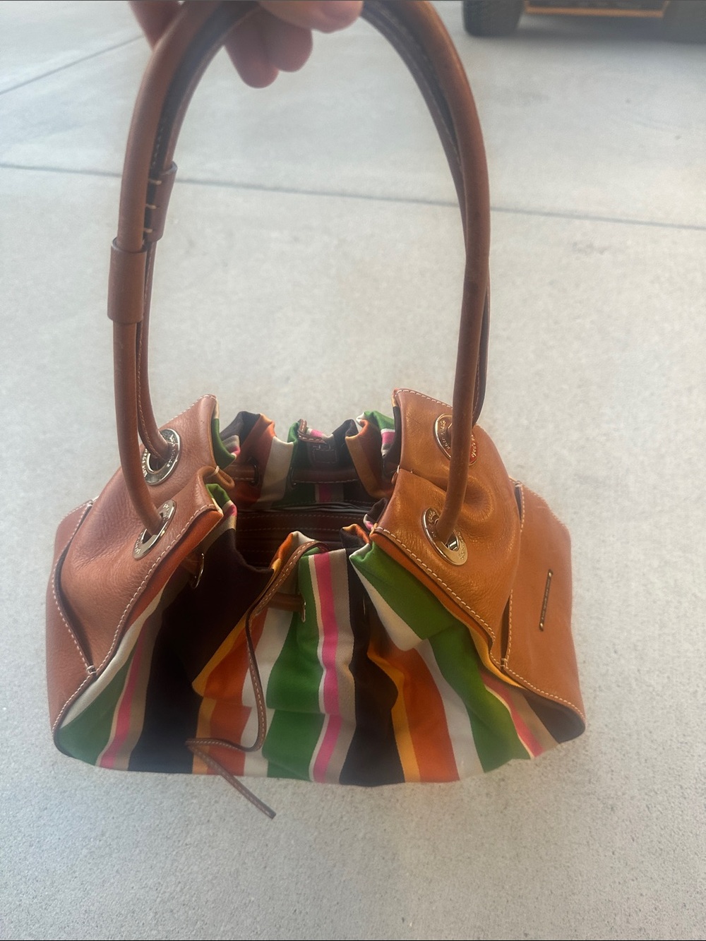 kate spade Brown Leather-Trim Multicolor Stripe Drawstring Shoulder Bag